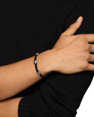 Sterling Silver Black Onyx Chevron Black Nylon Woven Station Bracelet