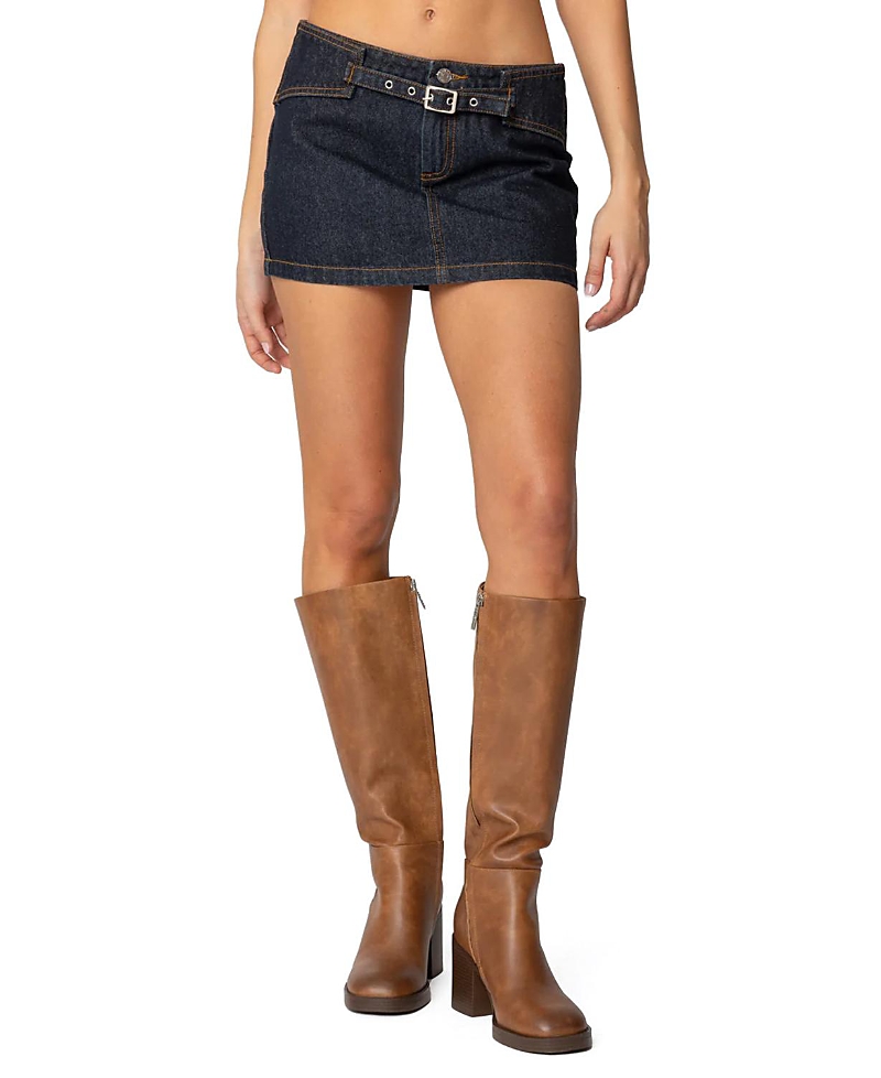 Shop Edikted Keira Buckled Denim Mini Skirt In Dark Blue