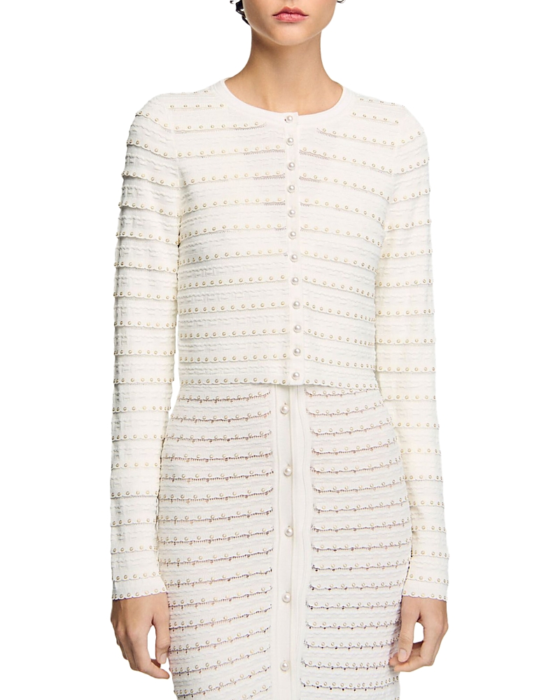 Sandro Cropped Cardigan With Pearl Buttons In Ecru