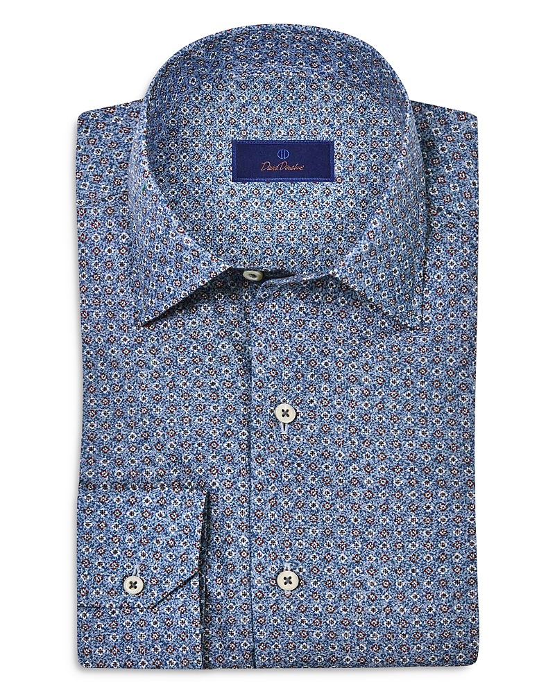 David Donahue Spread Collar Floral Pima Cotton Sport Shirt In Denim