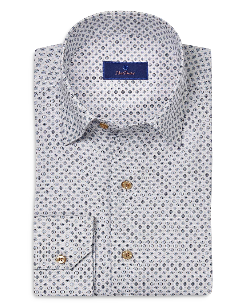 David Donahue Geometric Medallion Pima Cotton Dobby Button-up Shirt In White