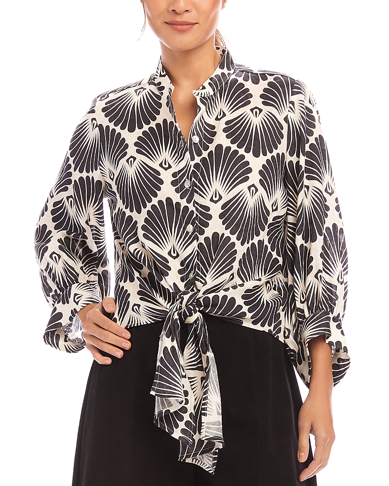 Karen Kane Shell Print Tie Front Linen Button-up Top In Print
