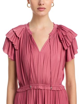 Flutter Sleeve Split Neck Flare Airflow Dress
