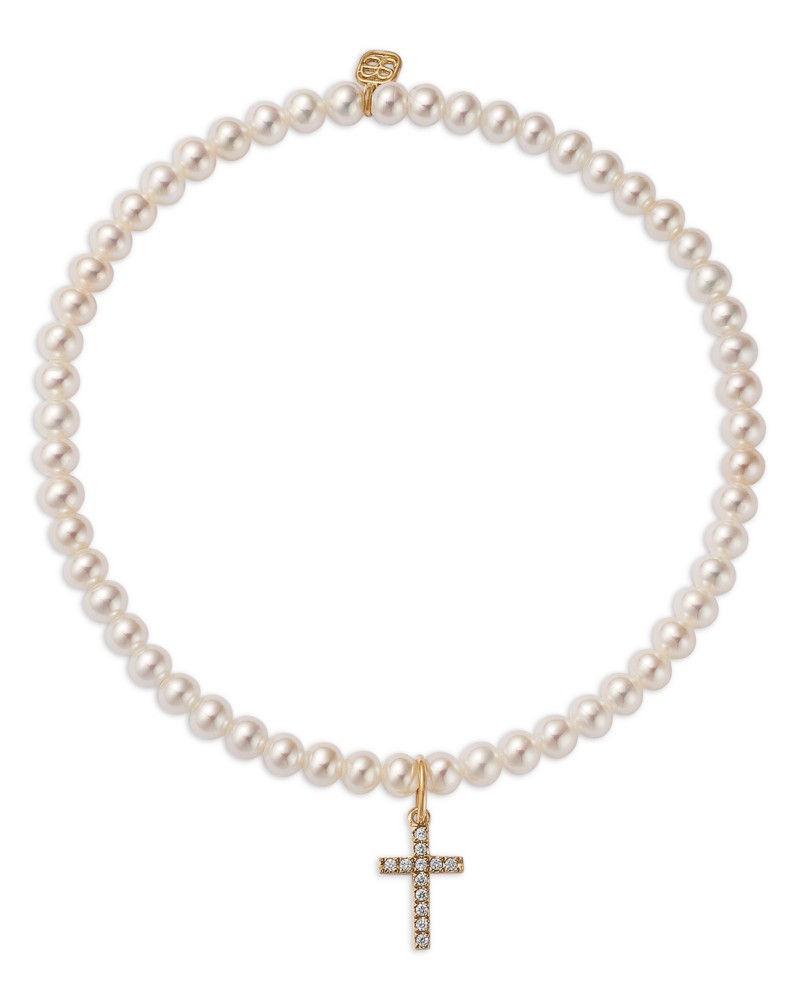 Sydney Evan 14K Yellow Gold Diamond Small Cross Charm Freshwater Pearl Beaded Bracelet, 0.06 tcw