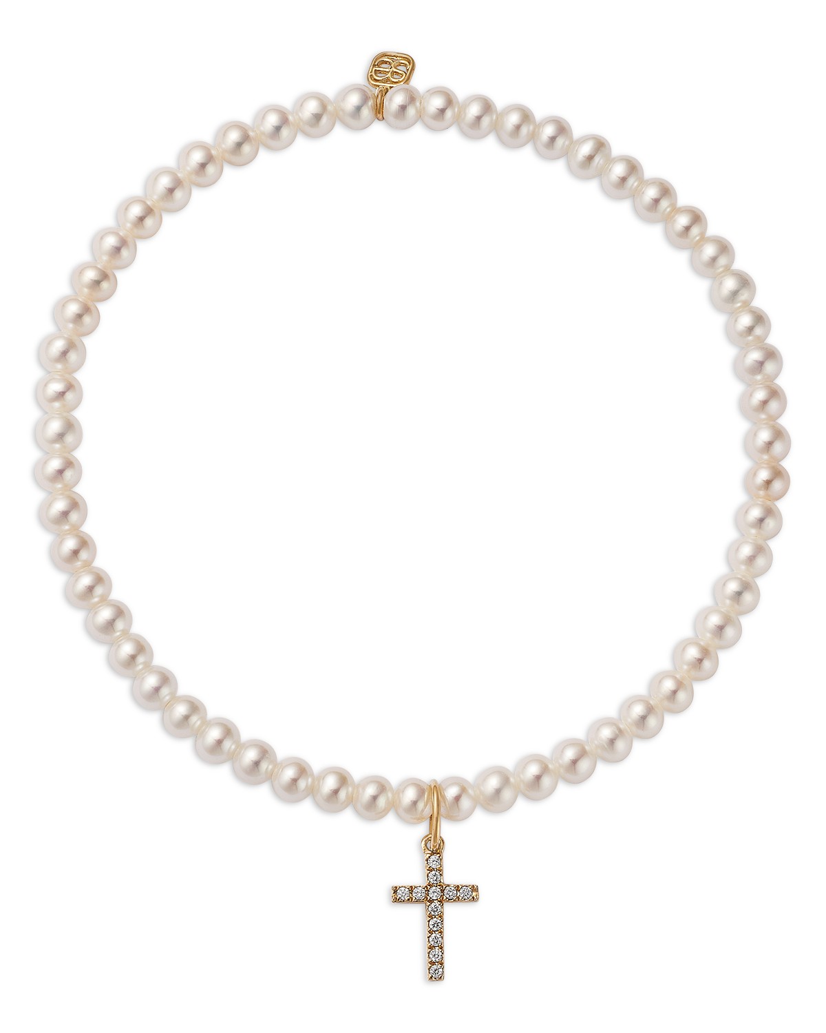 14K Yellow Gold Diamond Small Cross Charm Freshwater Pearl Beaded Bracelet, 0.06 tcw