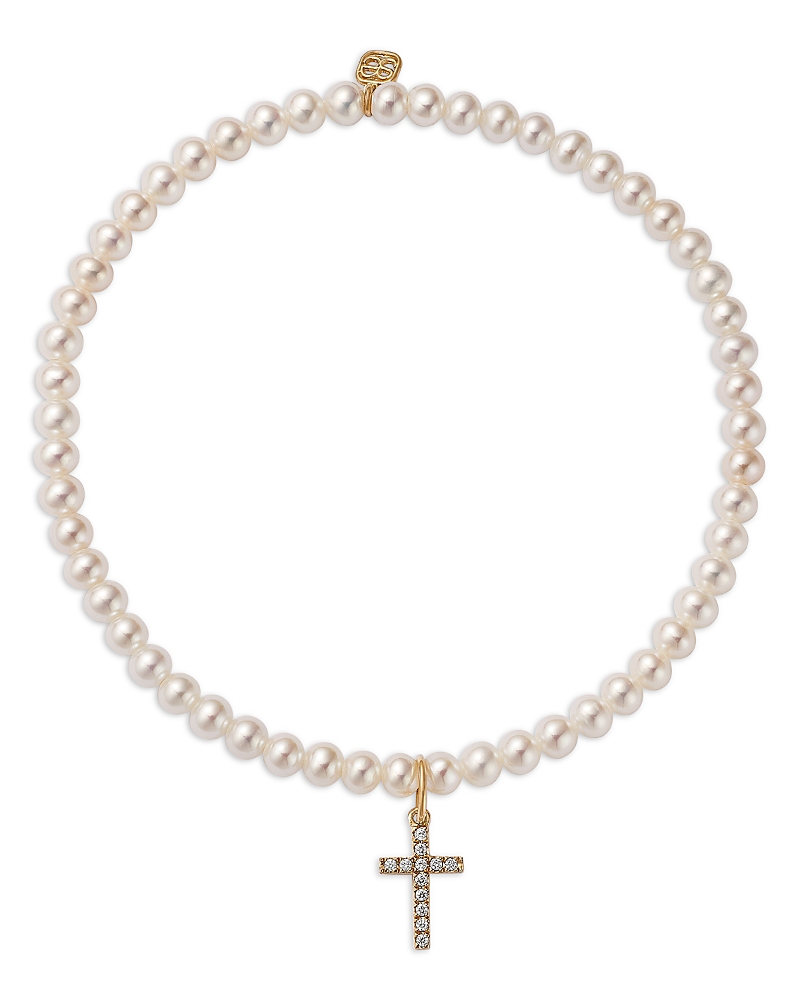 Sydney Evan 14k Yellow Gold Diamond Small Cross Charm Freshwater Pearl Beaded Bracelet, 0.06 Ct. T. W. In Gold
