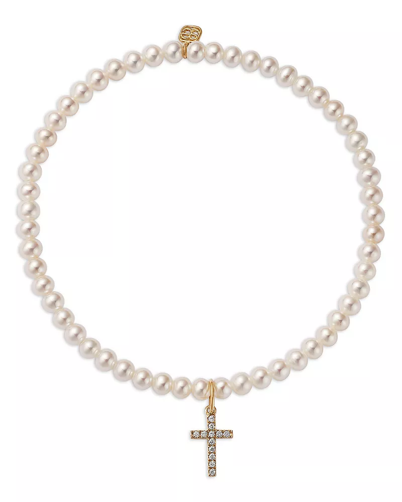 Sydney Evan 14K Yellow Gold Diamond Small Cross Charm Freshwater Pearl Beaded Bracelet, 0.06 tcw