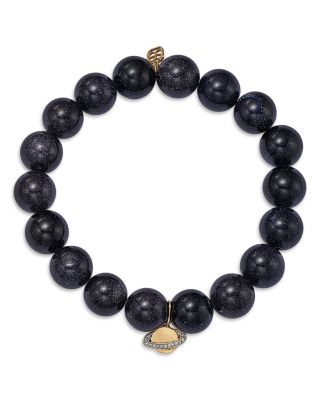 14K Yellow Gold Diamond Pav&eacute; Saturn Charm Blue Goldstone Beaded Stretch Bracelet
