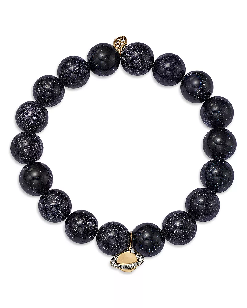 Sydney Evan 14K Yellow Gold Diamond Pave Saturn Charm Blue Goldstone Beaded Stretch Bracelet