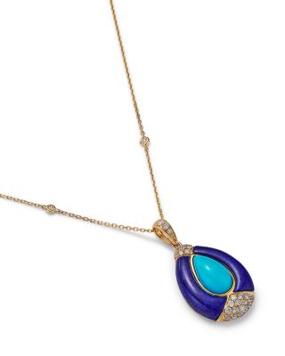 Turquoise, Lapis & Diamond Teardrop Pendant Necklace in 14K Yellow Gold, 18"