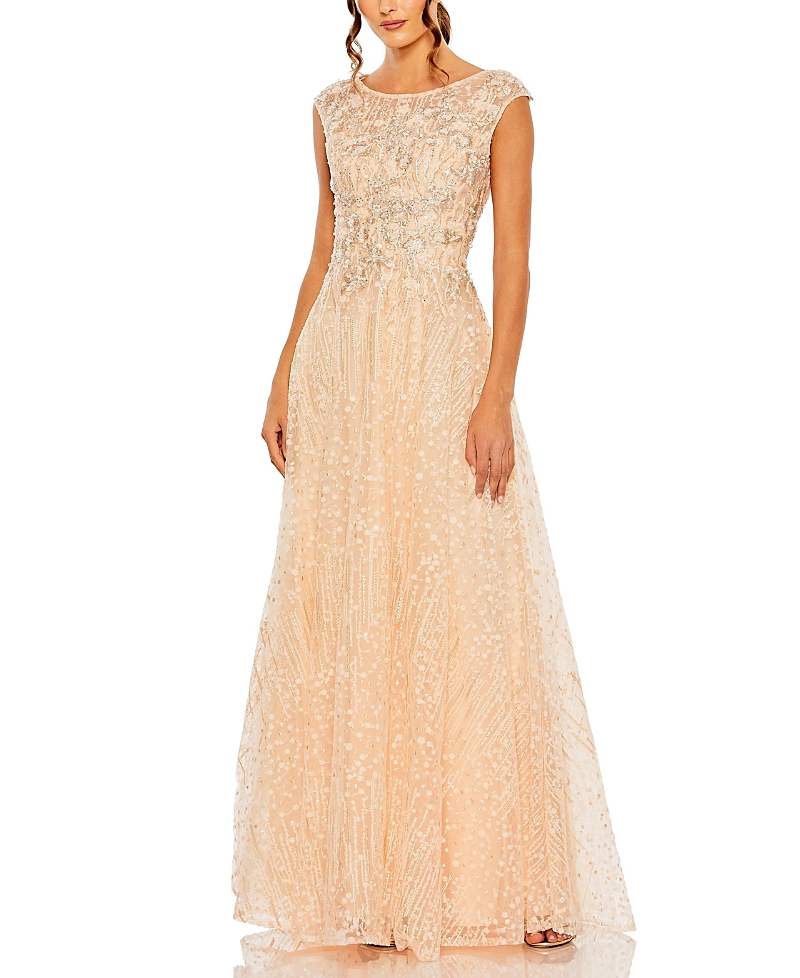 Mac Duggal High Neck Lace Embroidered Cap Sleeve Gown In Peach