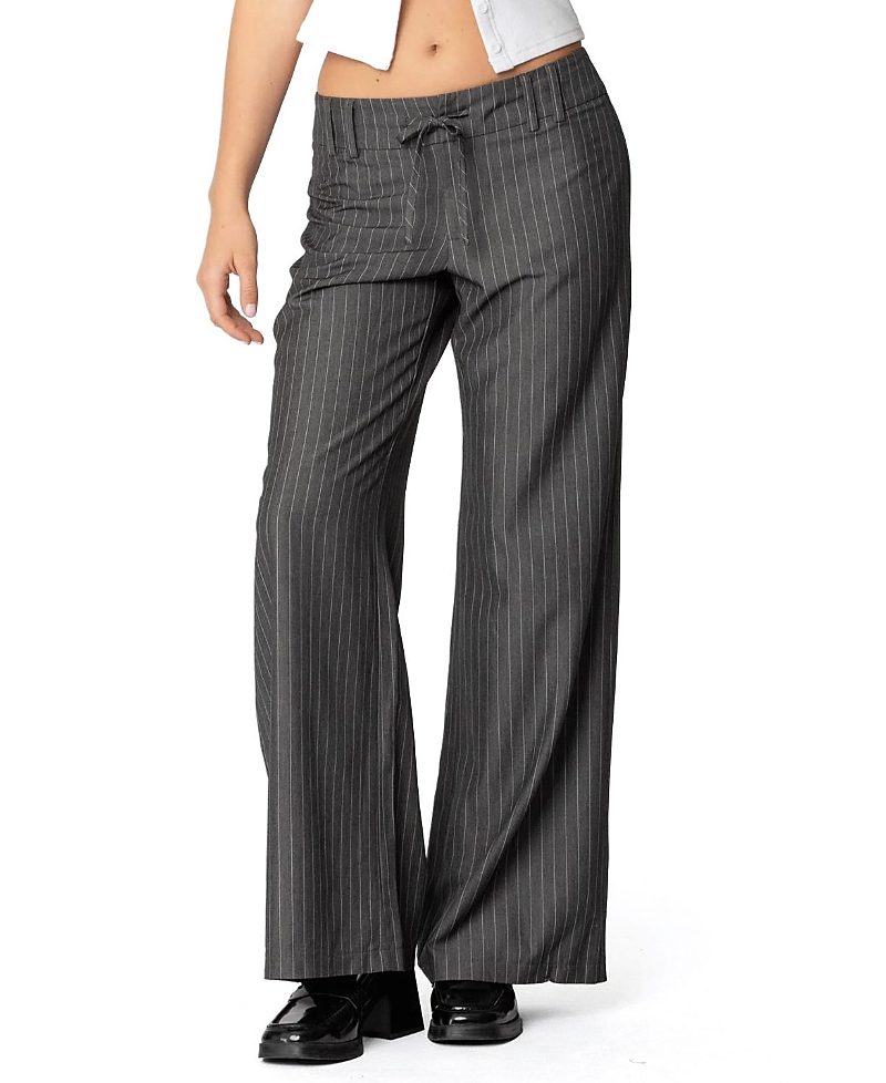 Edikted Mayla Pinstripe Drawstring Wide Leg Pants In Gray