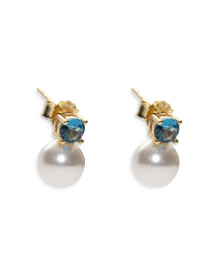 Argento Vivo - 18K Gold Plated Blue Cubic Zirconia and Pearl Stud Earrings