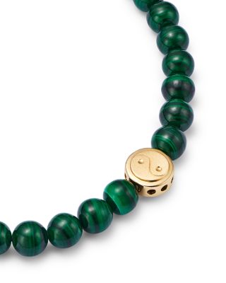 Men&#39;s Yin Yang Disc Malachite Bead Bracelet in 14K Yellow Gold