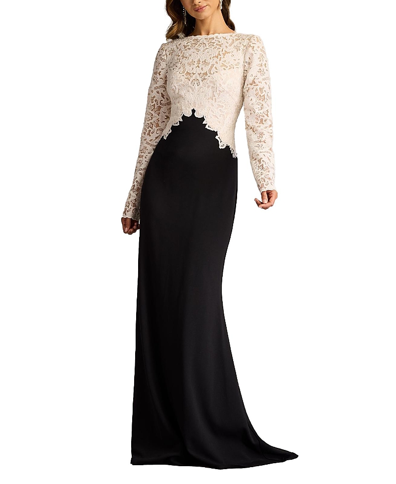 Tadashi Shoji Mixed Media Long Sleeve Sequin Lace Bodice Gown In Black/ivory
