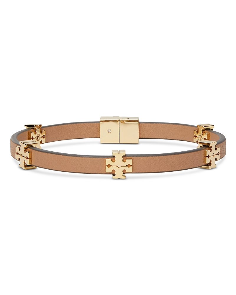 Tory Burch Eleanor Double T Red Faux Leather Flex Bracelet In 18k Gold Plated In Gold