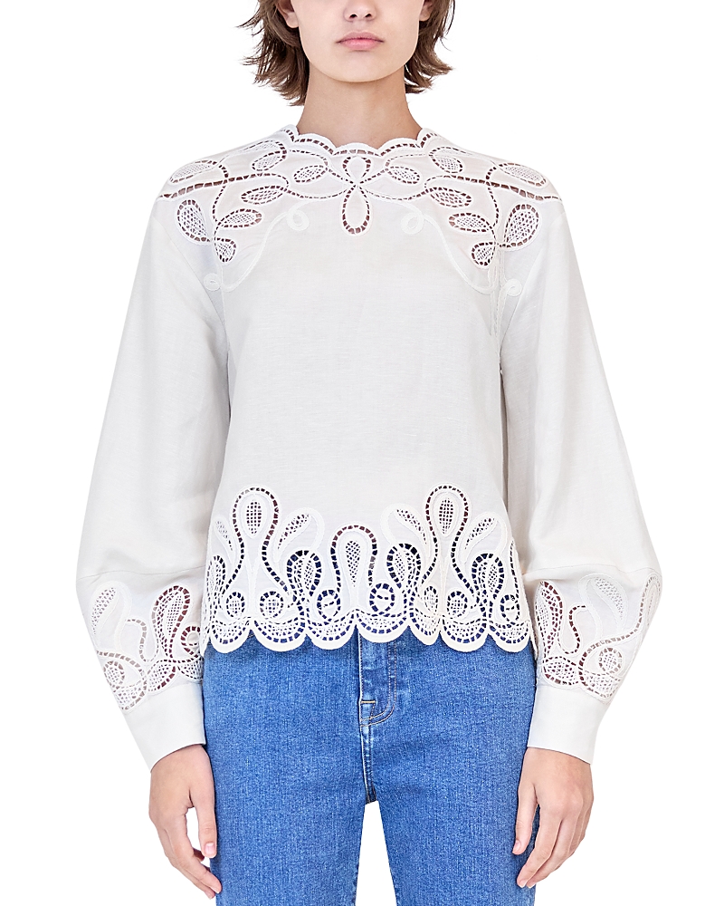 Simkhai Wendlyn Embroidered Long-sleeve Top In Ivory