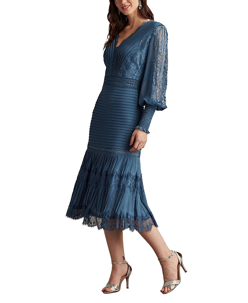 Tadashi Shoji Lace Pintuck Long Sleeve Cocktail Dress In Slate