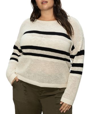 Plus Sporty Stripe Open Knit Sweater