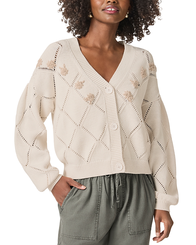 Splendid Primrose Embroidered Pointelle Stitch Cardigan In Moonstone