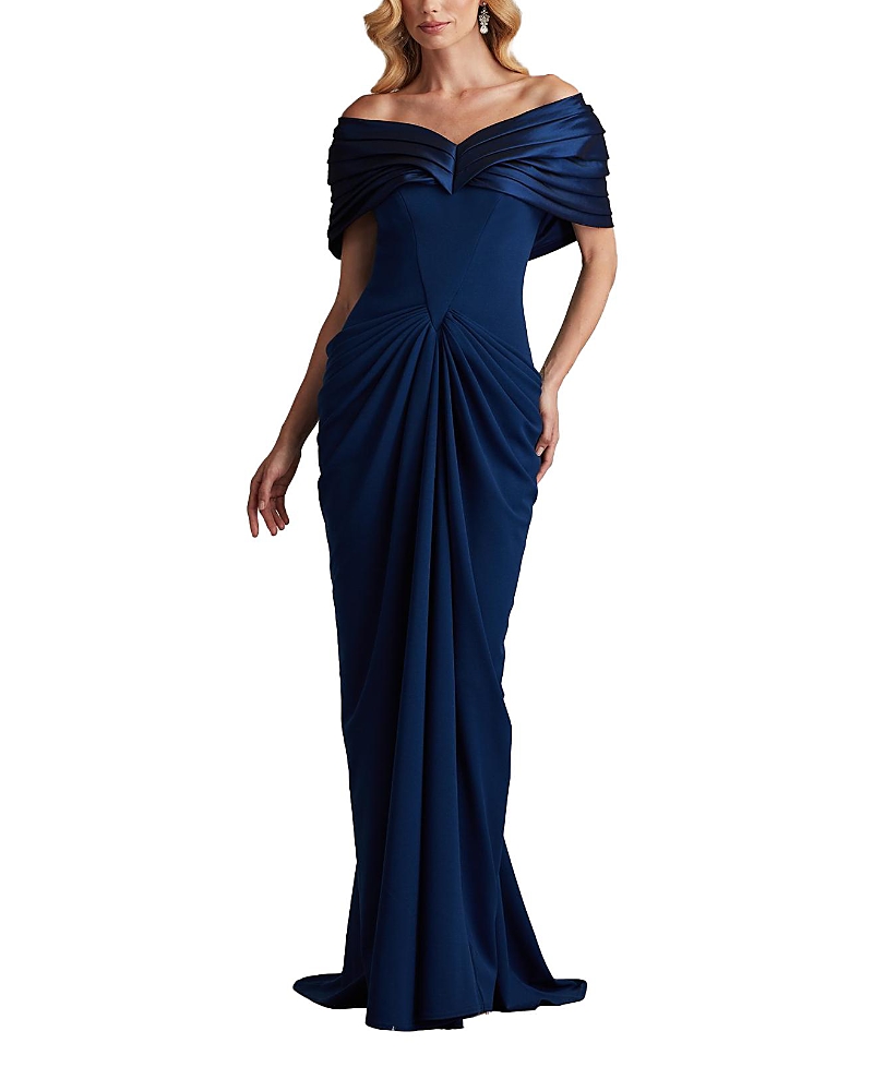 Tadashi Shoji Crepe And Taffeta Off Shoulder Gown In Navy
