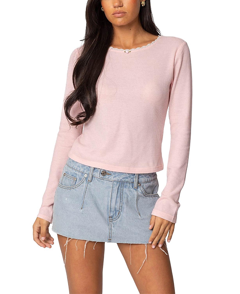 Edikted Rosemarie Waffle Knit Long Sleeve Top In Pink