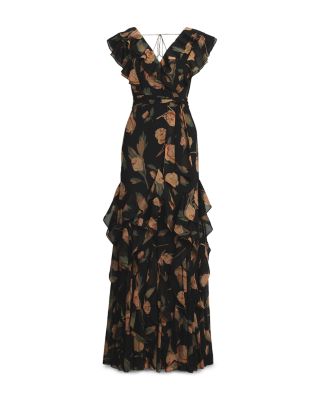 Floral Ruffle Trim Georgette Gown