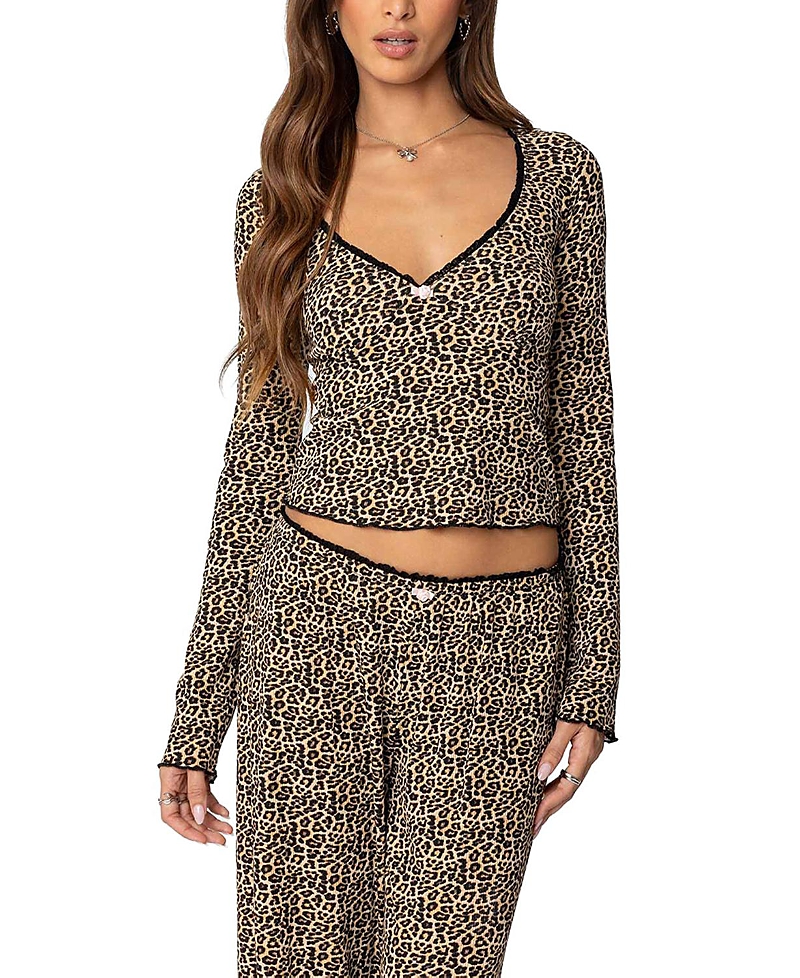 EDIKTED LUE LEOPARD PRINTED RIBBED V NECK TOP