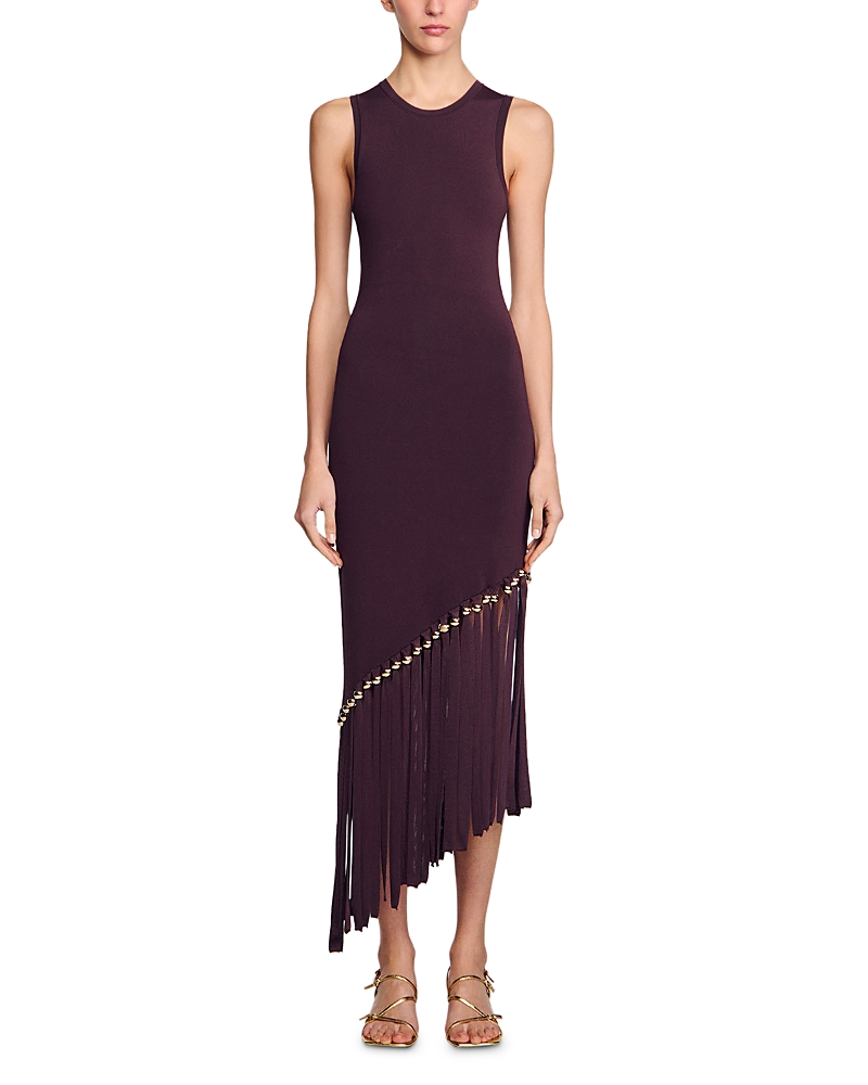 Sandro Swann Fringed And Beaded Knit Midi Dress In Brown