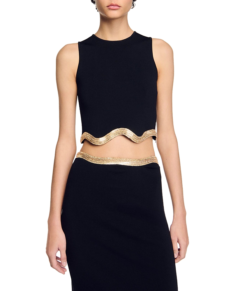Sandro Cropped Sweater With Chain Detail In Black