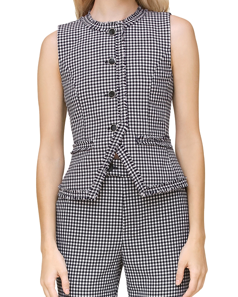 Avec Les Filles Gingham Fringe Vest In Dark Navy