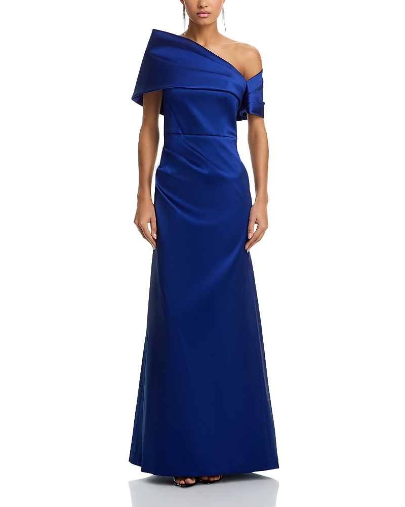 Teri Jon By Rickie Freeman Stretch Mikado Asymmetric Off Shoulder Cuff Gown In Sapphire