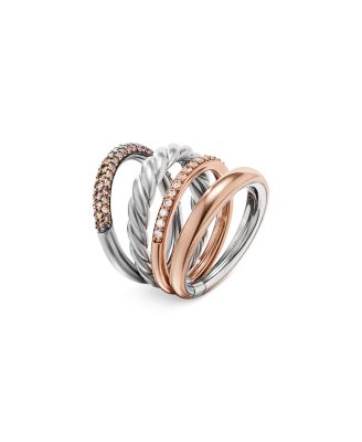 DY Mercer Melange Multi Row Ring in Sterling Silver with 18K Rose Gold and Pav&eacute; Cognac Diamonds