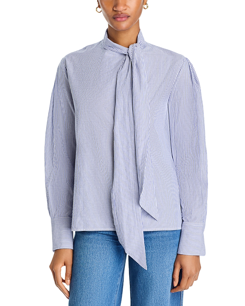 Vanessa Bruno Striped Tie-neck Cotton Blouse In Bleu
