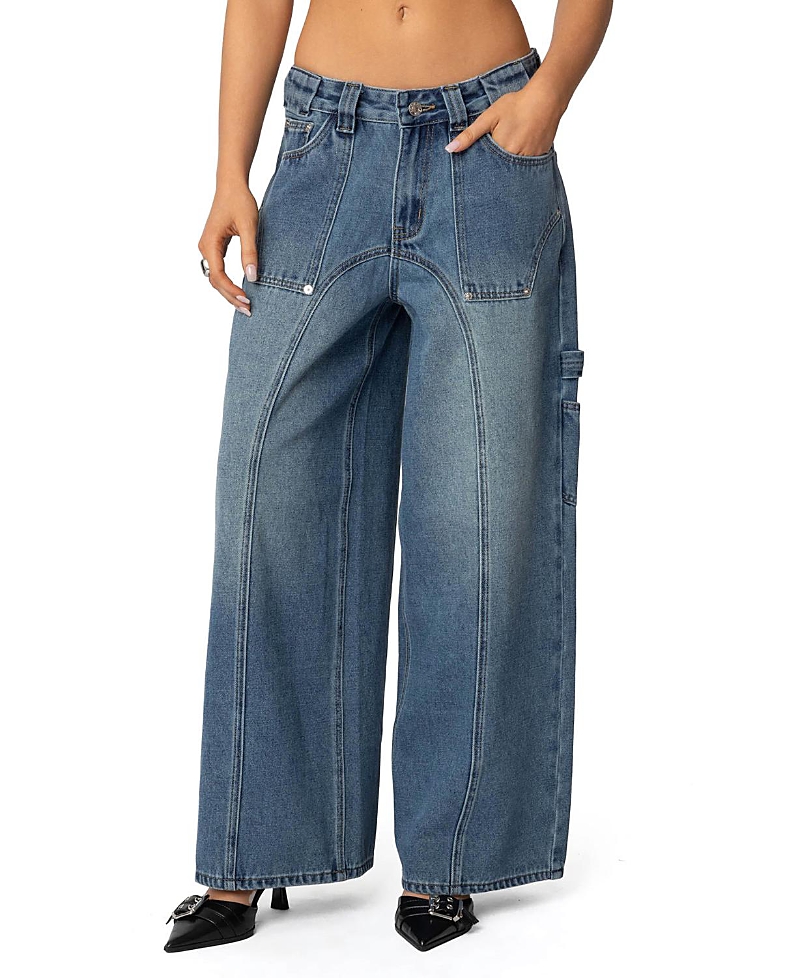 Edikted Tal Baggy Low Rise Carpenter Jeans in Blue Wash