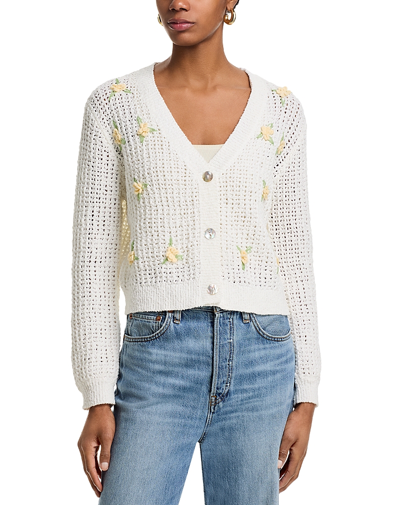 Aqua Open Stitch Rosette Cardigan Sweater - Exclusive In White