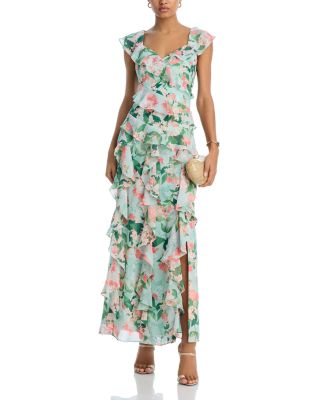 V Neck Flutter Sleeve Asymmetrical Ruffle Gown