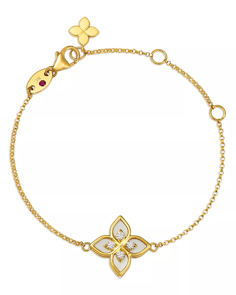 Roberto Coin 18K Yellow Gold Venetian Princess Mother of Pearl & Diamond Flower Link Bracelet