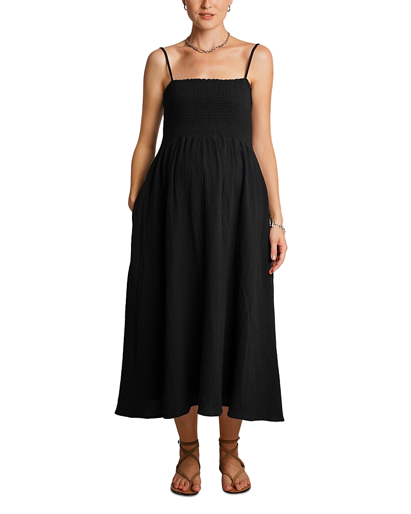 Nom Maternity Smocked Cotton Gauzy Midi Maternity Dress In Black