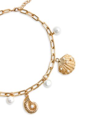 Imitation Pearl Seaside Motif Paperclip Link Collar Necklace, 15-19.3"