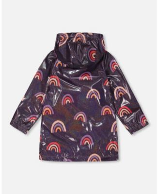 Girls' Printed Rain Coat with Hat on Shiny Background - Little Kid