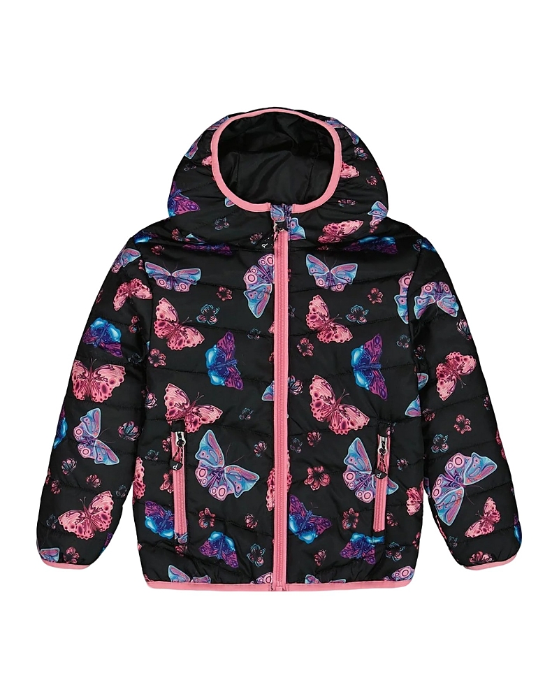 Deux Par Deux Girl's Printed Quilted Mid-season Jacket Multicolored Butterflies On Black Background In Multicolored Butterflies On Black