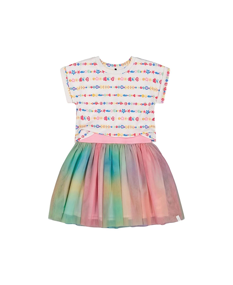 Deux Par Deux Girl's Bi-material Dress With Mesh Skirt Multicolored Tie Dye And White In Multicolored Tie Dye And White