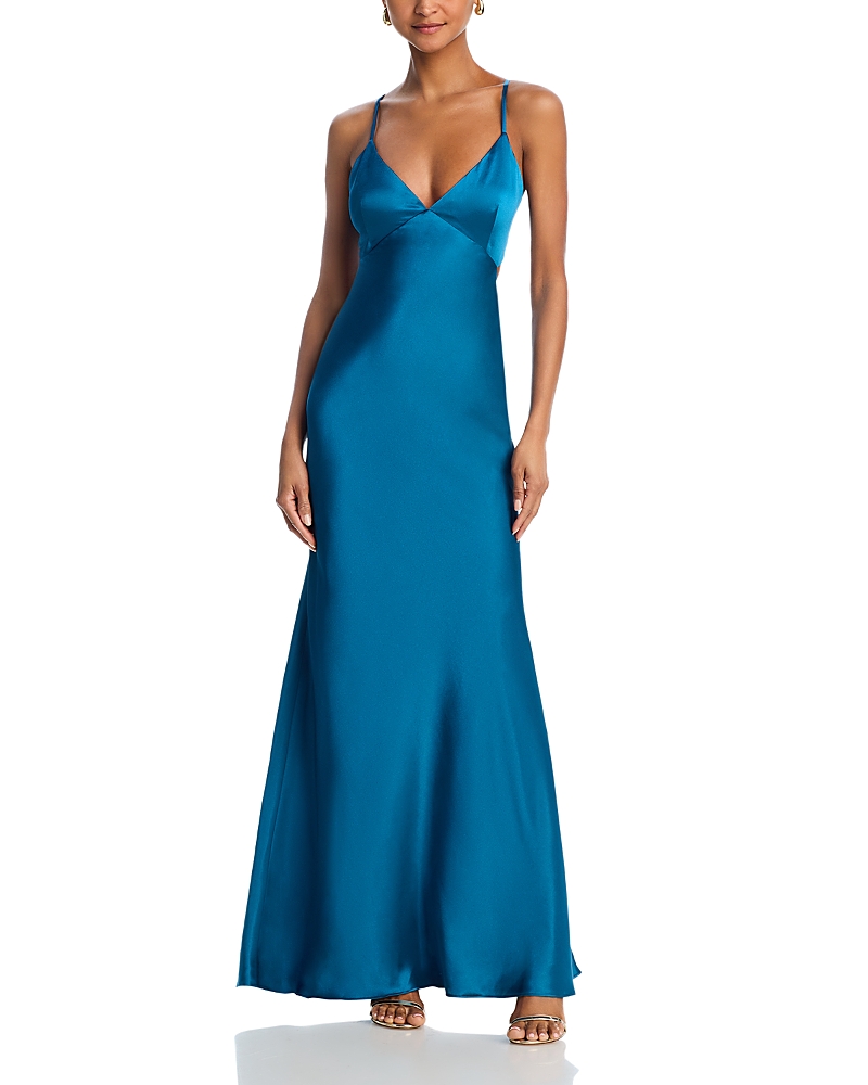 AQUA SATIN OPEN BACK GOWN - EXCLUSIVE