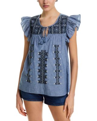 Area Stars - Chambray Embroidered Ruffle Top