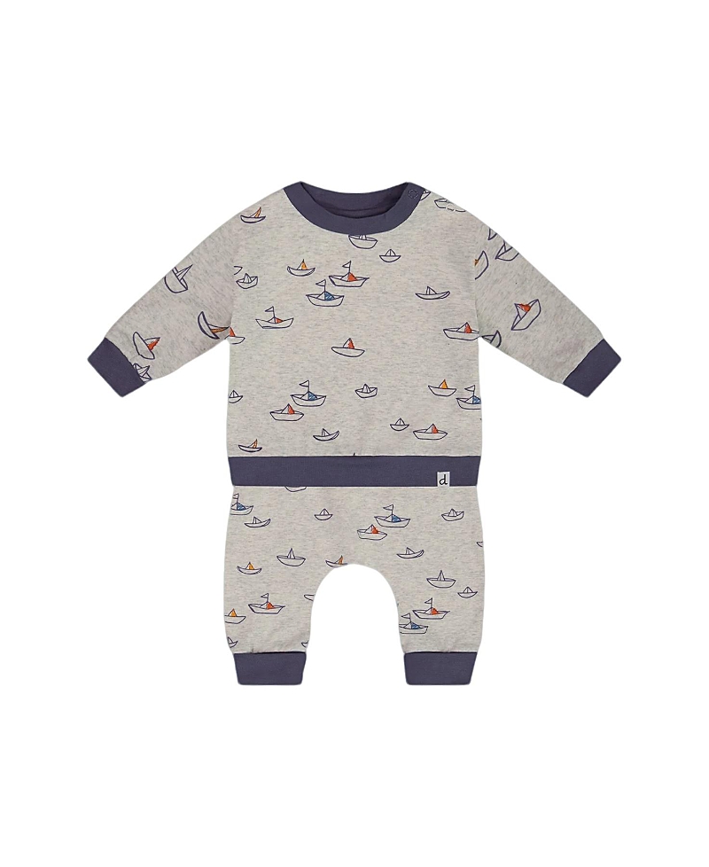 Deux Par Deux Boys' Printed Organic Cotton Top And Pant Set - Baby In Heather Grey With Little Paper Boat