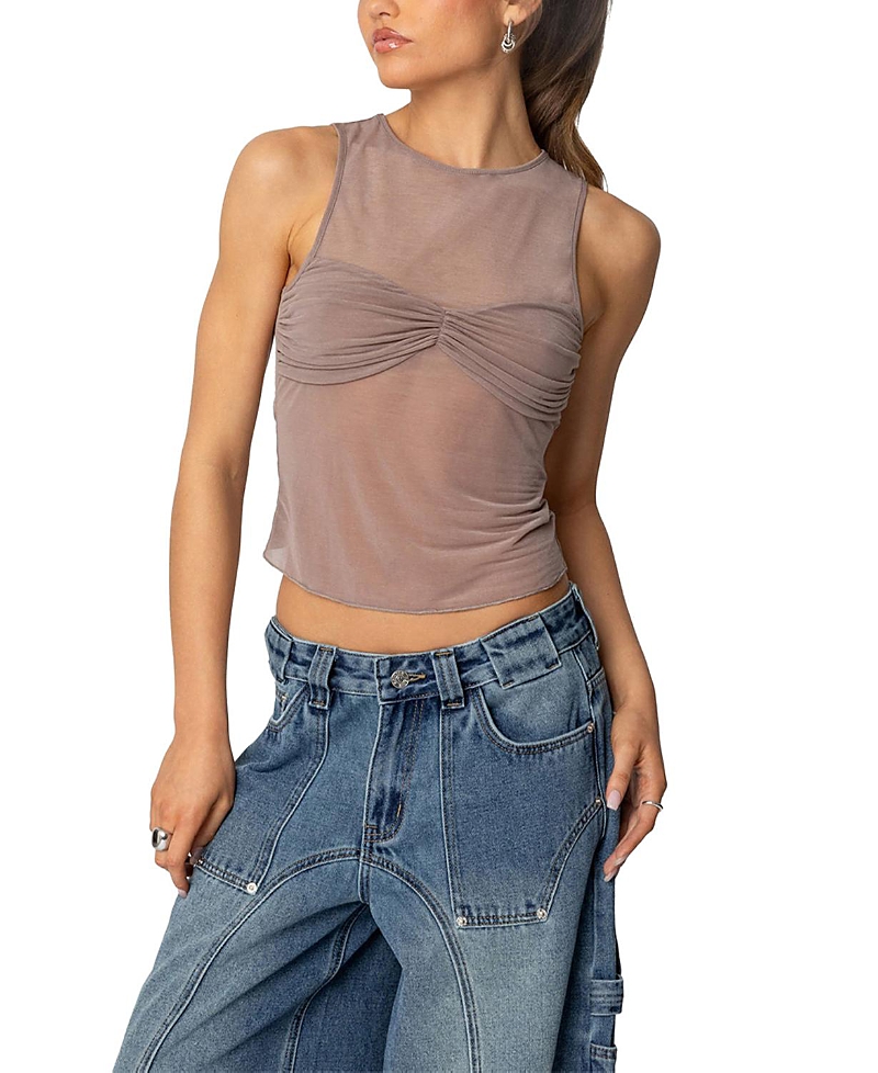 Shop Edikted Erica Sheer Gathered Top In Brown