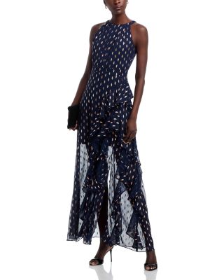 AQUA - Metallic Crescent Chiffon Ruffle Gown