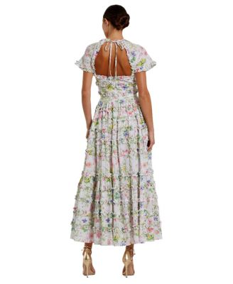 Cap Sleeve V Neck Open Back Floral Cotton Dress