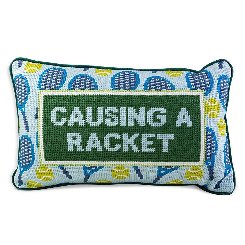 Furbish Studio Causing A Racket Needlepoint Decorative Pillow In Dark Green